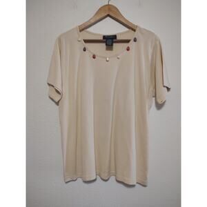 Denim & Co. Cream Round Neck Bead Detail Short Sleeve T-Shirt Size Large